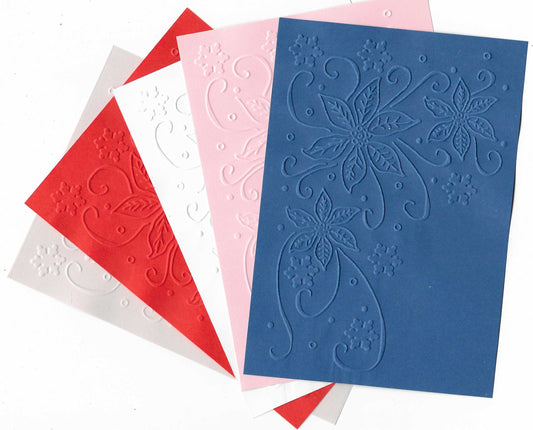 10 Sheets of A6 Embossed Card. Poinsettia Corner Design In Assorted Colours.