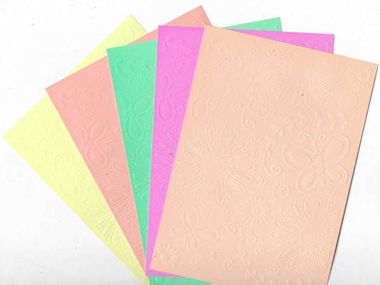 Embossed Card. 5"x7". Flowers & Butterflies. 10 sheets in assorted colours