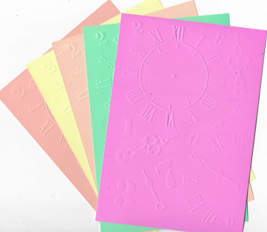 Embossed Card. 5"x7". Timepieces. 10 Sheets in Assorted Colours.