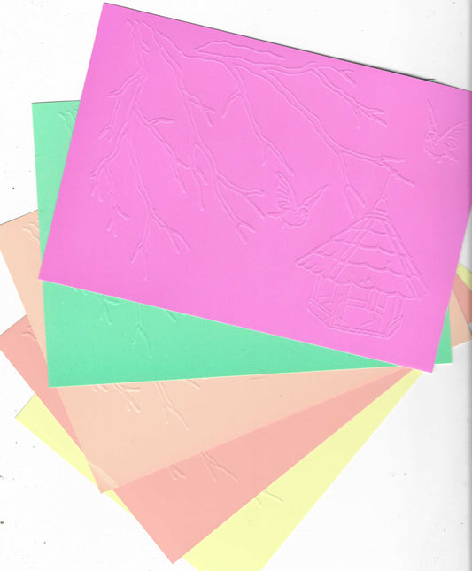 Embossed Card. 5"x7". Birdhouse. 10 Sheets In Assorted Colours