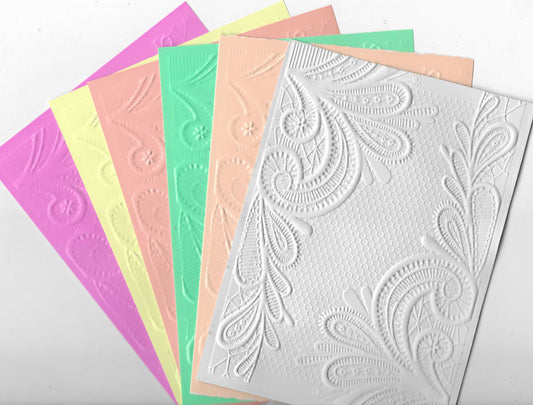 Embossed Card. 5"x7". Flourishes. 10 Sheets In Assorted Colours